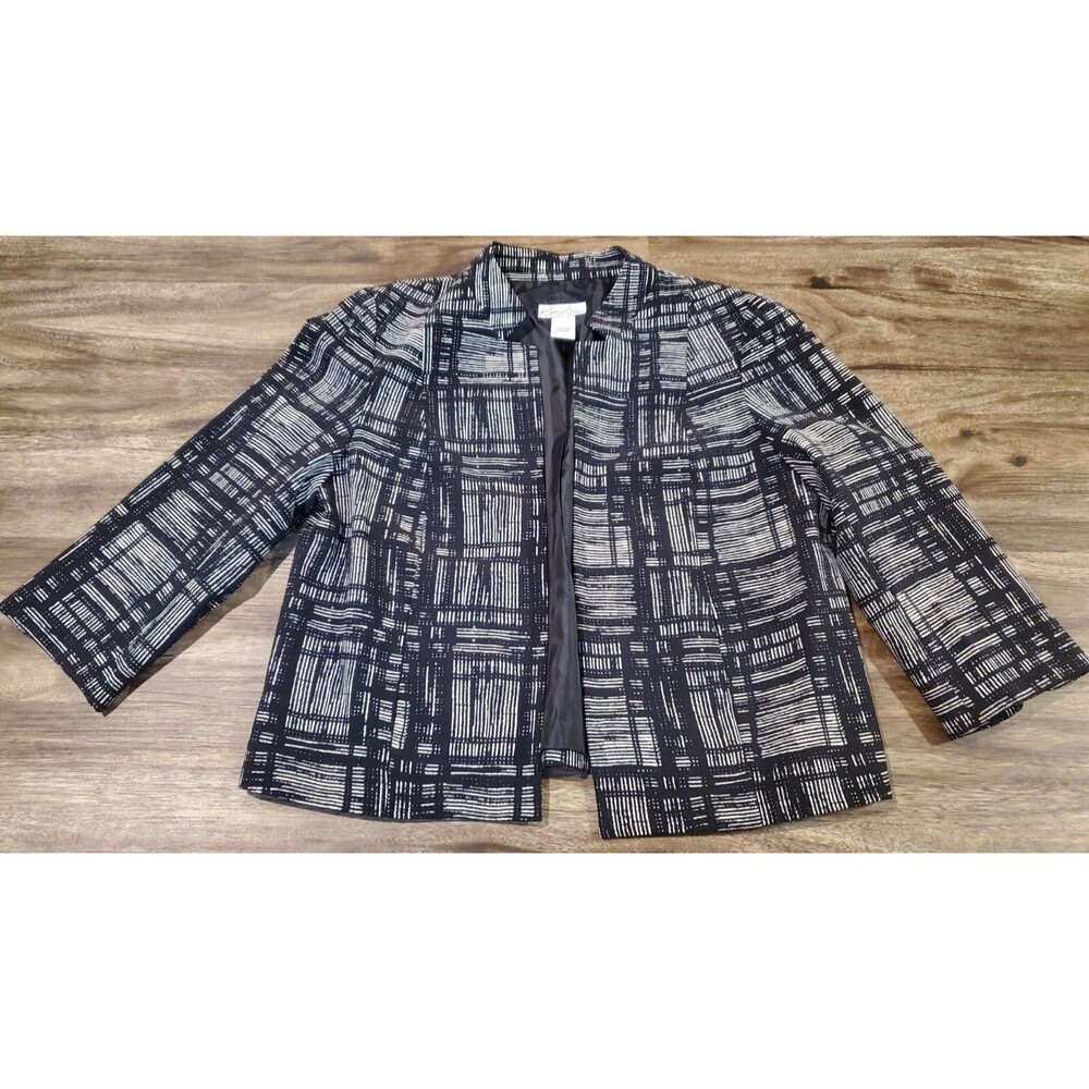 Kim Rogers Women's Size 6P 6 Petite Open Jacket Blazer Black Plaid 3/4 Sleeve